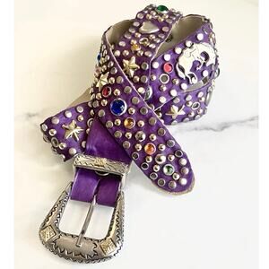 Vintage Leather Western Bling Belt Purple Studded Embellished Horse Rodeo Y2k